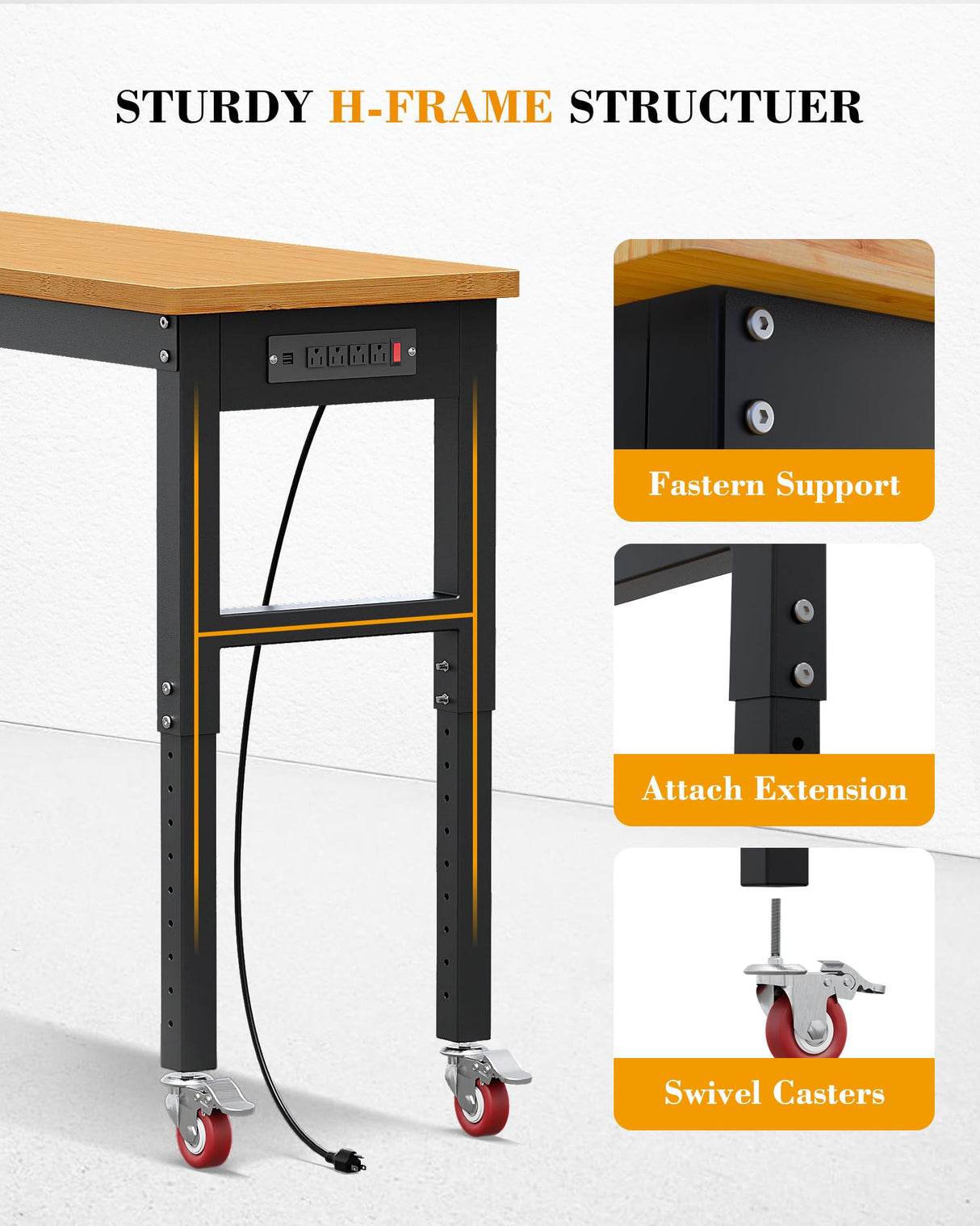 GarveeTech 60 Inch Work Benches for Garage, Adjustable Height Work Table with Power Outlets, 2000 LBS Capacity Rubber Wood Top Heavy Duty Workbench for Cutting Wood Woodworking Shop Home Office GarveeTech
