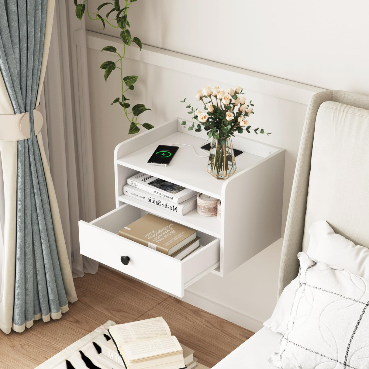 Floating Nightstand Set of 2 with Charging Station Modern Night Stand for Bedroom with Drawer Small Bedside End Table with Outlet Wood Wall Mounted Nightstands Set 2White HOSEOKA