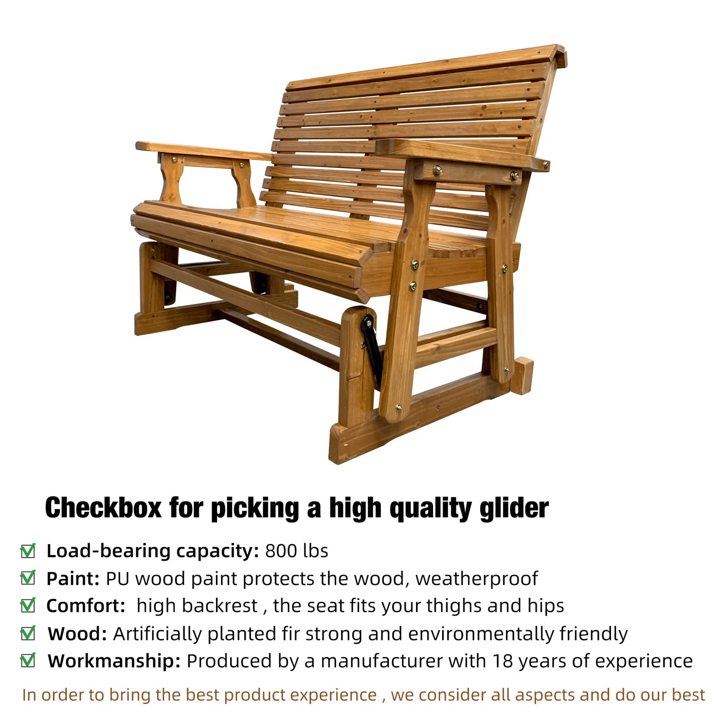 Wooden Patio Glider with High Roll Back and Deep Contoured Seat, Solid Fir Wood, 2-Seater, Heavy Duty 800 LBS, 4 Feet, Brown - WoodArtSupply