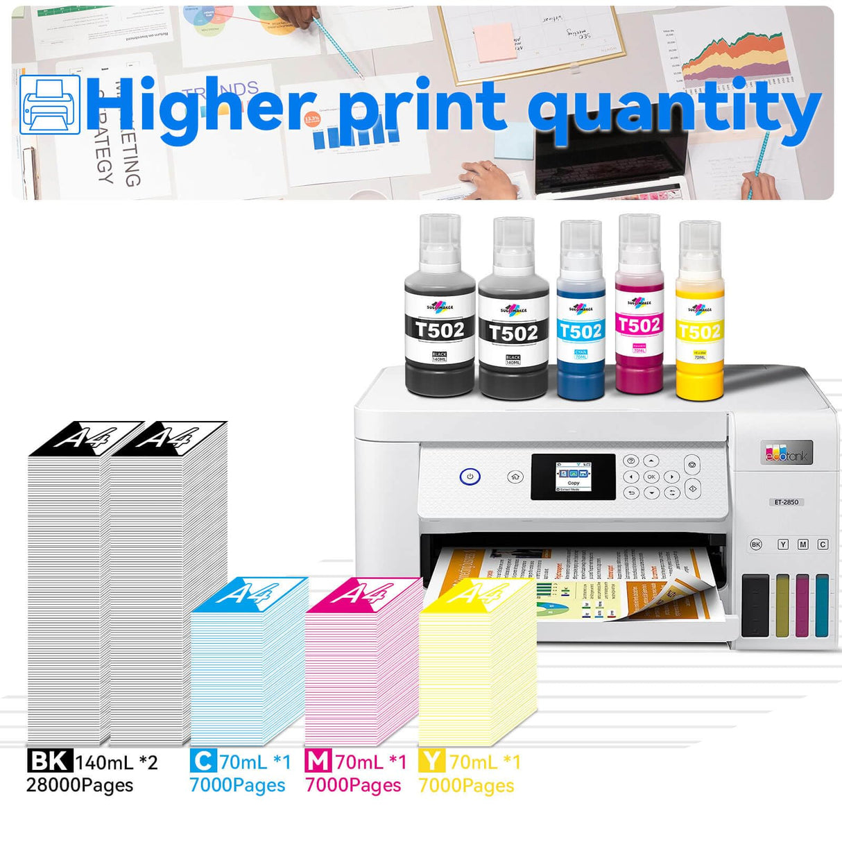 Compatible for Epson 502 Ink Refill Bottles for Ecotank ET-3760 ET-2850 ET-3850 ET-2760 ET-15000 ET-4760 ET-4850 ET-2750 ET-3750 ET-3830 Printers, Compatible for Epson 502 Ink (BK Pigment, C M Y Dye) SUBLIMAKER