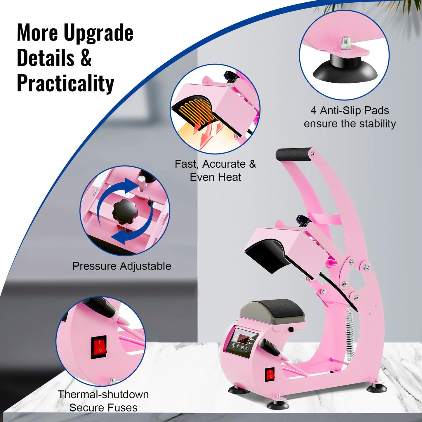 UOKRR Hat Heat Press, Hat Press Heat Machine for Caps with LCD Control, Hat Heat Press Machine with 2pcs Interchangeable Platens & Caps Stretcher for Vinyl, Sublimation, Heat Transfer (Pink)