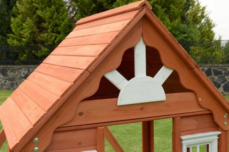 Sportspower Swing n' Play Wooden Outdoor Backyard Playhouse with Swing, Picnic Bench and Flower Boxes, Brown Sportspower