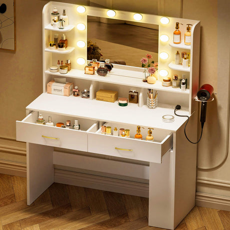 COMHOMA Vanity Desk with Lighted Mirror and Power Outlet, RGB LED Lights Makeup Vanity Set for Girls, Large Storage Capacity Dressing Table for Bedroom, 3 Lighting Modes Adjustable Brightness, White COMHOMA