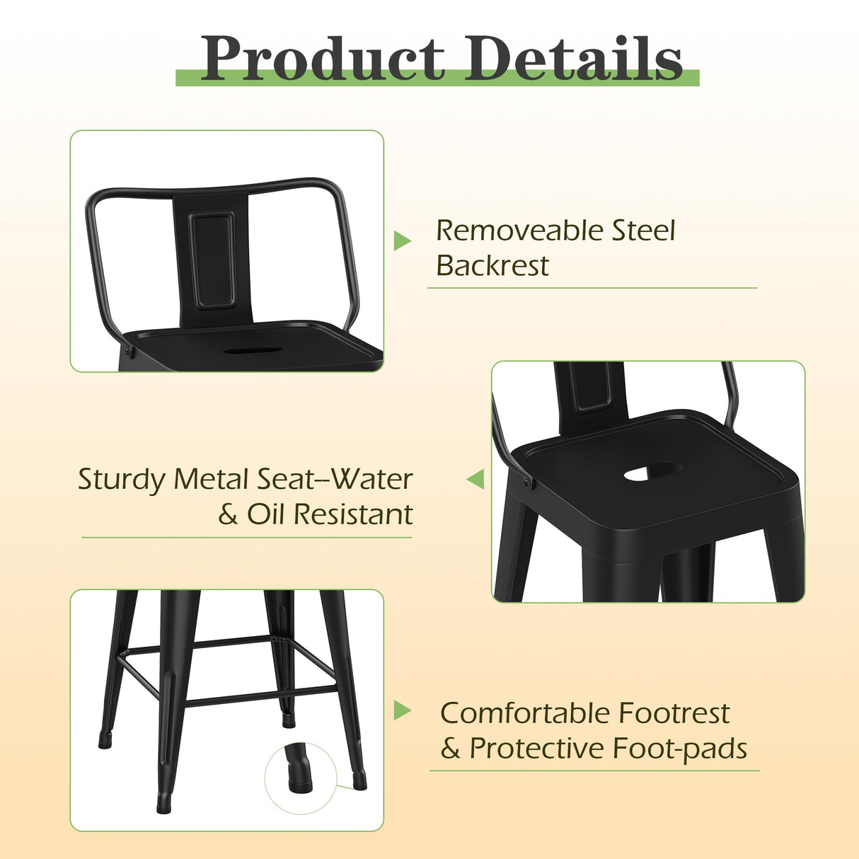 Arlunar home Metal Bar Stools Set of 4 Barstools Indoor/Outdoor Counter Height Bar Stools Bar Chairswith Back Counter Height for Kitchen Island Dining Room (Black, 26inch) Arlunar home