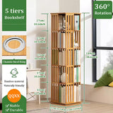SUZEPER 5 Tier 360° Rotating Bookshelf,Bamboo Bookshelf Floor Standing Storage Rack,Wood Narrow Book Shelf Organizer for Living Room Study Room Office(37x37x149cm(15x15x59inch), Walnut) SUZEPER