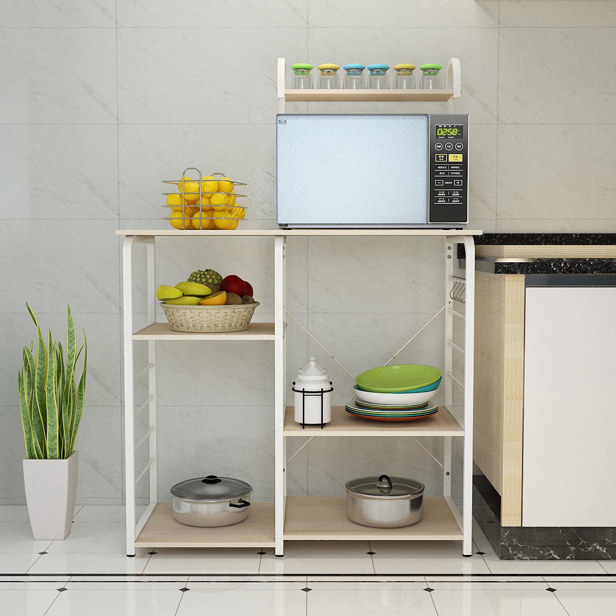 soges Microwave Cart Coffee Station, Kitchen Bakers Rack, Utility Microwave Oven Stand Storage Cart, Workstation Shelf, White Oak 172-MO soges