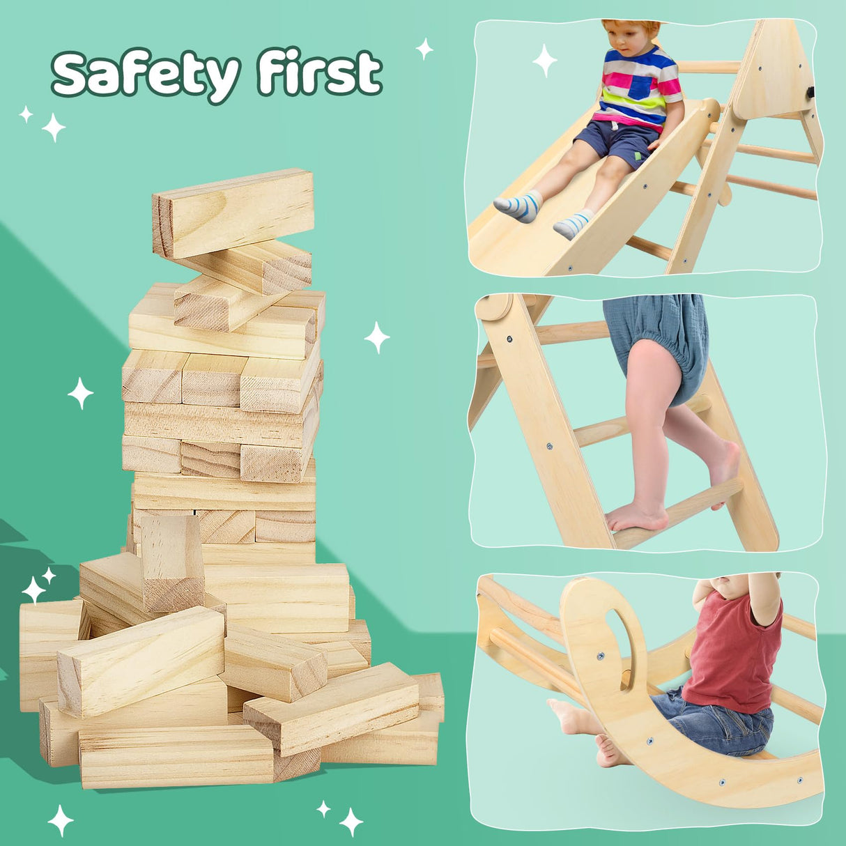 Pikler Triangle Toddler Climbing Toys Set, 5 in 1 Foldable Wooden Indoor Triangle Set with Triangle Ladder, Climbing Ramp, Arch Climber, Rocker, and Slide for Montessori Gym Toys for Kids (Small) BSZGYU