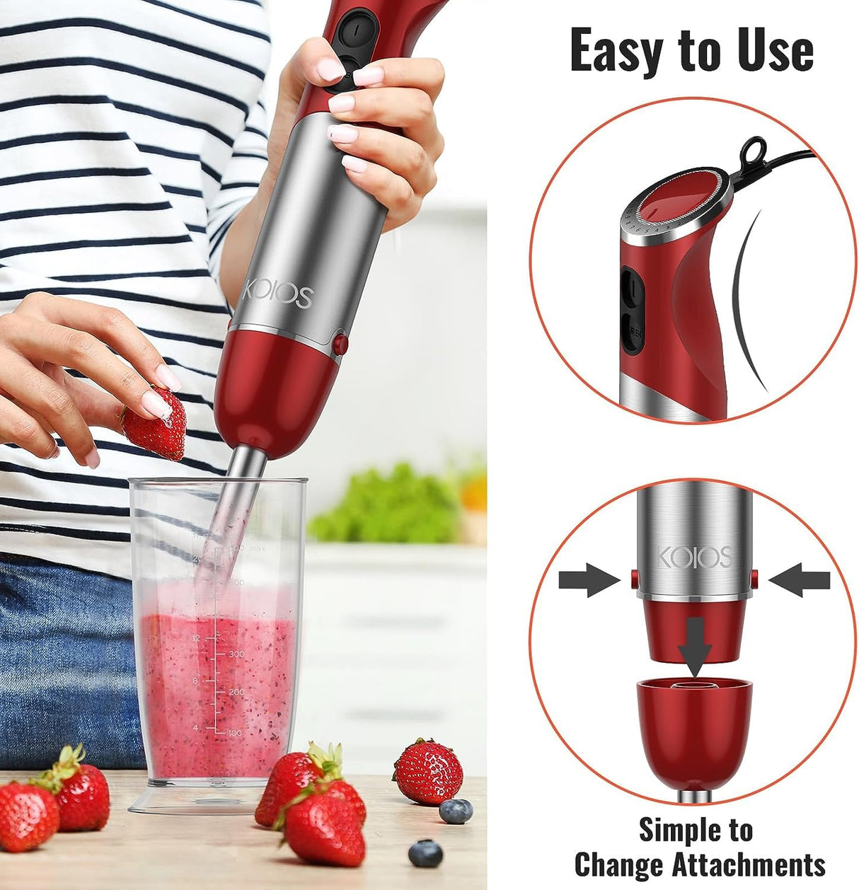 KOIOS 5-in-1 Hand Immersion Blender, 1000W 12 Speed Handheld Blender, Copper Motor Stainless Steel Blade Stick Blender,600ml Mixing Beaker,500ml Food Processor, Whisk, Milk Frother, BPA-Free, Red KOIOS