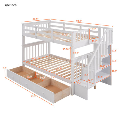 Harper & Bright Designs Twin Over Twin Bunk Bed with Stairs and Drawers, Solid Wood Stairway Bunk Bed with Storage for Kids Teens Adults, Bedroom, Dorm - White