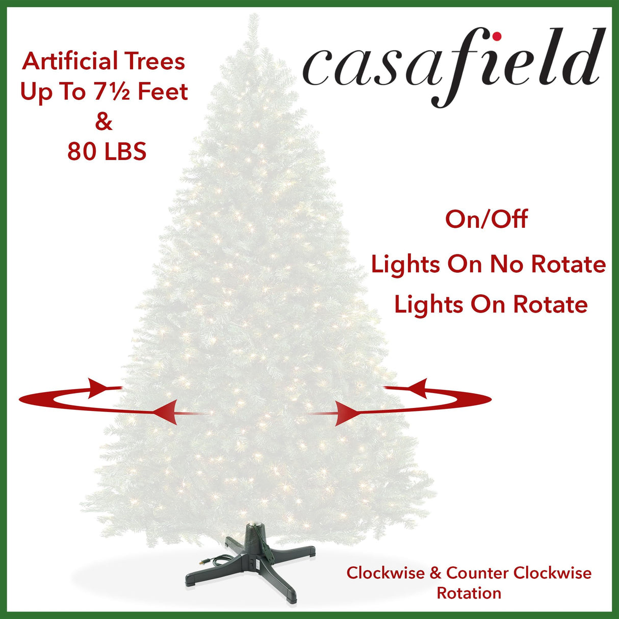 Casafield 360-Degree Rotating Christmas Tree Stand - Adjustable Revolving Base for Up to 7.5 FT Artificial Tree with 3 Built-in Electrical Outlets, Green Casafield