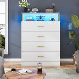 AOGLLATI White Dresser for Bedroom with Column Design, 4 Drawer Dresser with Charging Station, Modern Bedroom Led Tall Dresser for Bedroom Closet AOGLLATI