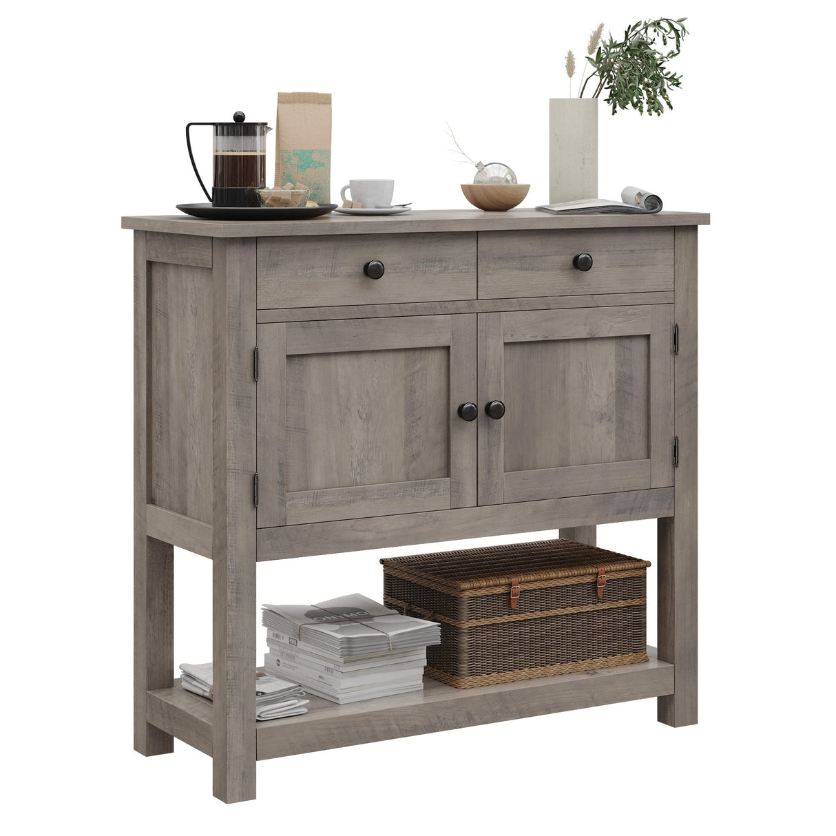 HOSTACK Farmhouse Console Table with 2-Door Cabinet & 2 Drawers, Coffee Bar, Entryway Table with Storage Shelf, Sofa Tables Buffet Sideboard for Kitchen, Hallway, Dining, Living Room, Ash Gray HOSTACK