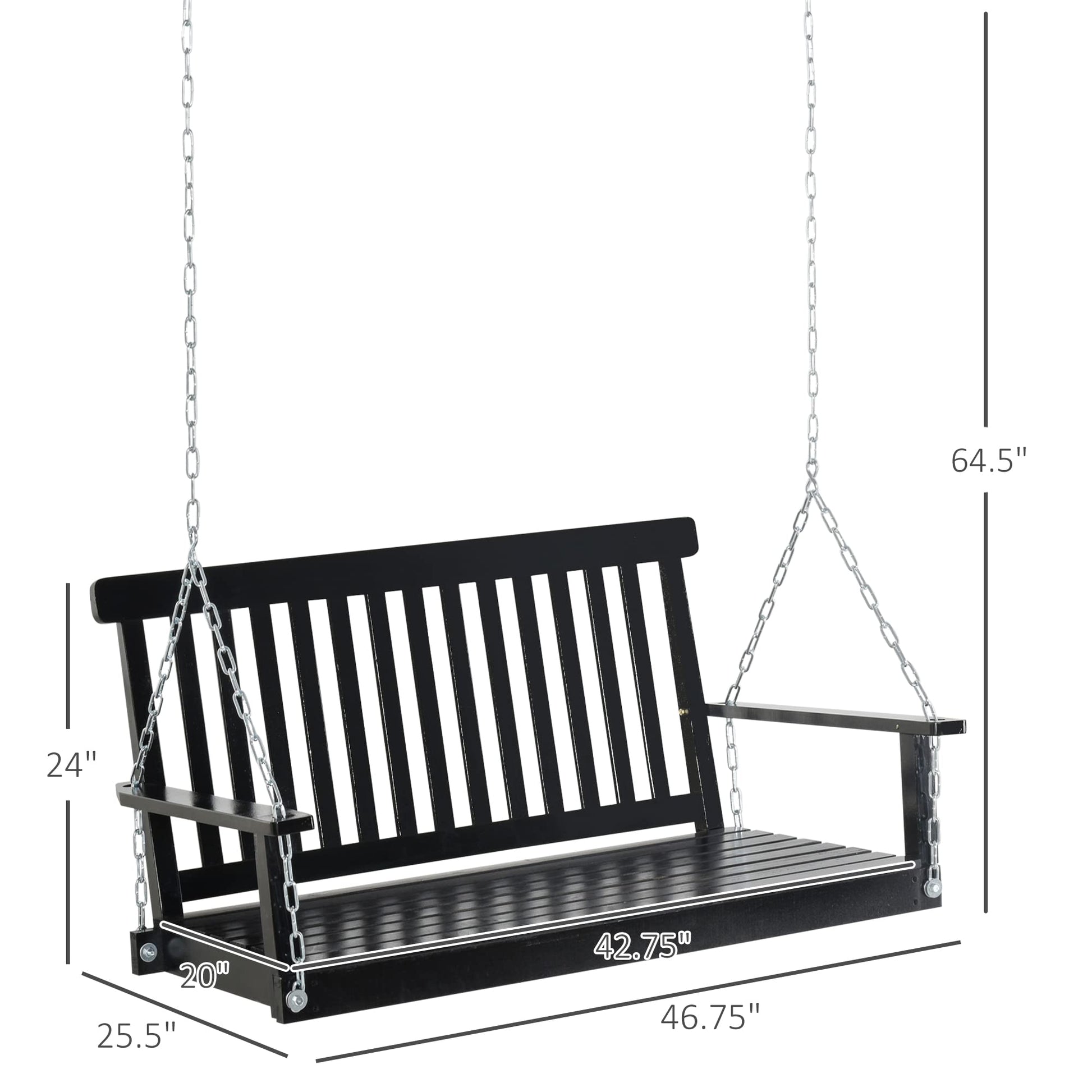 Outsunny 2-Seater Hanging Porch Swing Outdoor Patio Swing Chair Seat with Slatted Build and Chains, 440lbs Weight Capacity, Black - WoodArtSupply