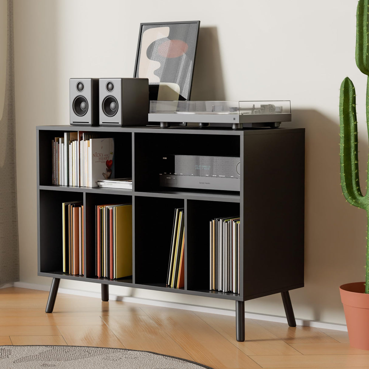 Cozy Castle Record Player Stand, Turntables Stand with Vinyl Record Storage Holds up to 350 Albums, Record Stand Table for Bedroom, Living Room, Office, Black Cozy Castle