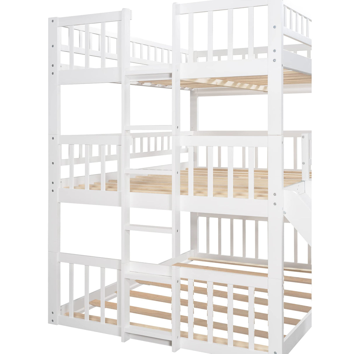 Aiuyesuo Triple Bunk Bed Full-Over-Full-Over-Full Size with Convertible Ladder and Slide for Kids Teens, Solid Wood Triple Bunk Bed with Guardrails for 3, Maximized Space (White-4) Aiuyesuo
