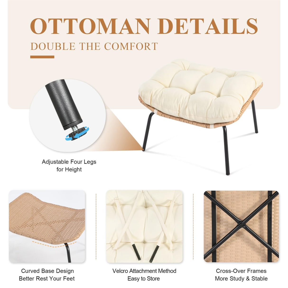 FINCATI Egg Rocking Chair with Ottoman Set of 2, Comfy Oversized Papasan Lounge Chairs with Padded Cushions, Double 2 Person Patio Rocker, Reading Glider for Indoor Outdoor Balcony Living Room, Beige FINCATI