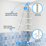 HAMITOR Corner Shower Caddy Tension Pole: Adjustable Stainless Steel Shower Organizer with 4 Tier Shelf for Bathroom Bathtub Tub Shampoo - Floor Standing Rack Bath Storage Holder with Rust Proof Rods HAMITOR
