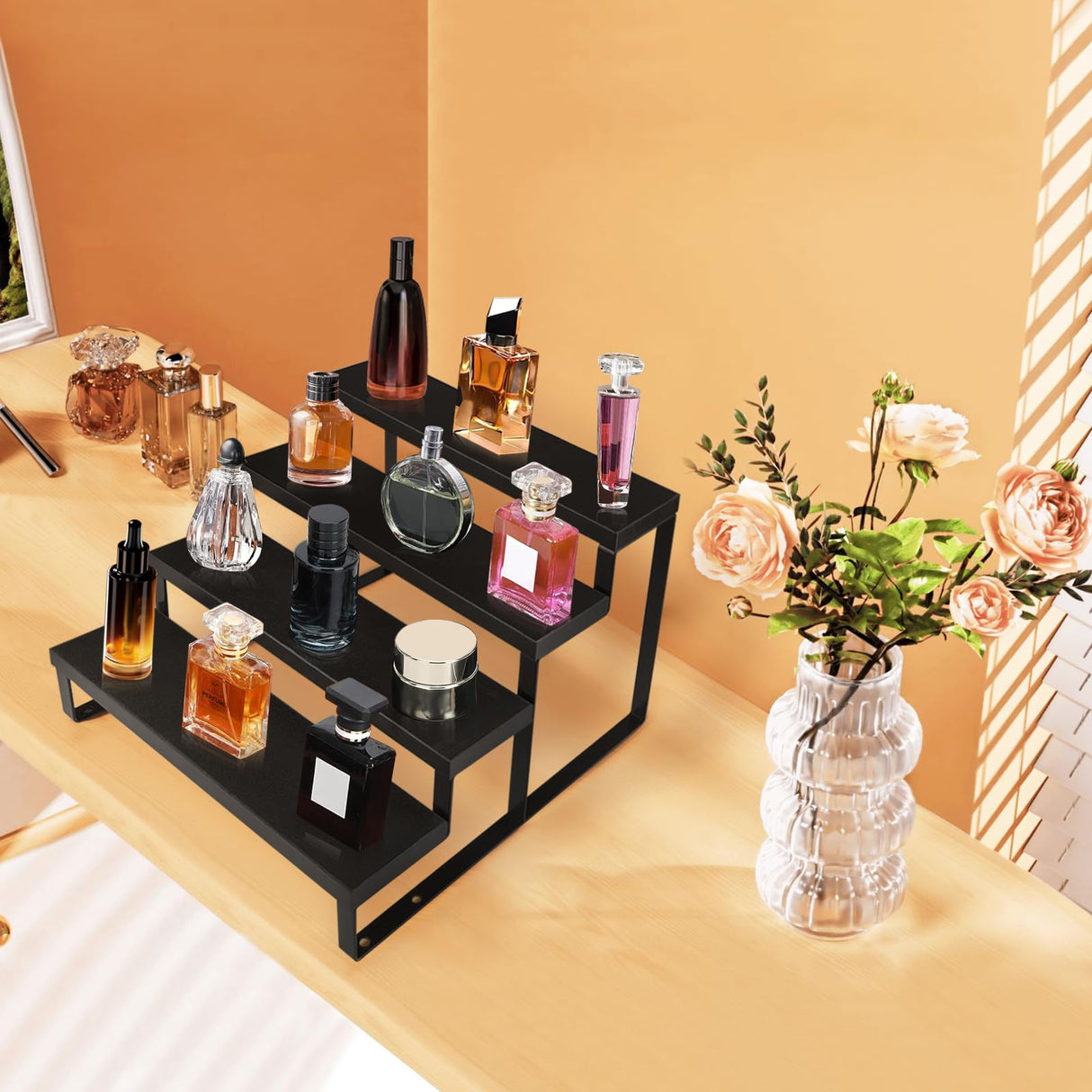 Wood Cologne Organizer for Men,12 Inch 4 Tier Cologne Stand Waterproof Perfume Organizer for Dresser with Anti-Slip Washers,Wooden Display Risers Stand for Party,Makeup,Figures,Cupcake,Perfume,Dessert HomePekite