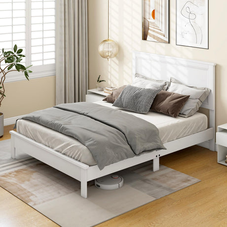 KOMFOTT Full Size Wood Platform Bed Frame with Headboard, Wooden Mid Century Platform Bed with Slat Support & Under Bed Storage, Mattress Foundation Bed Base, No Box Spring Needed, White KOMFOTT