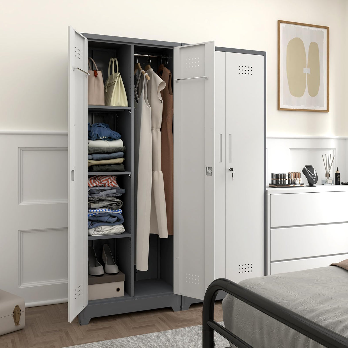 STEELIST Broom Closet, Metal Storage Cabinet with Hanging Rod, 65" Broom Tool Organizer, Metal Cabinet with Doors and Shelves, Tall Cleaning Storage for Home, Office, Garage, Balcony STEELIST