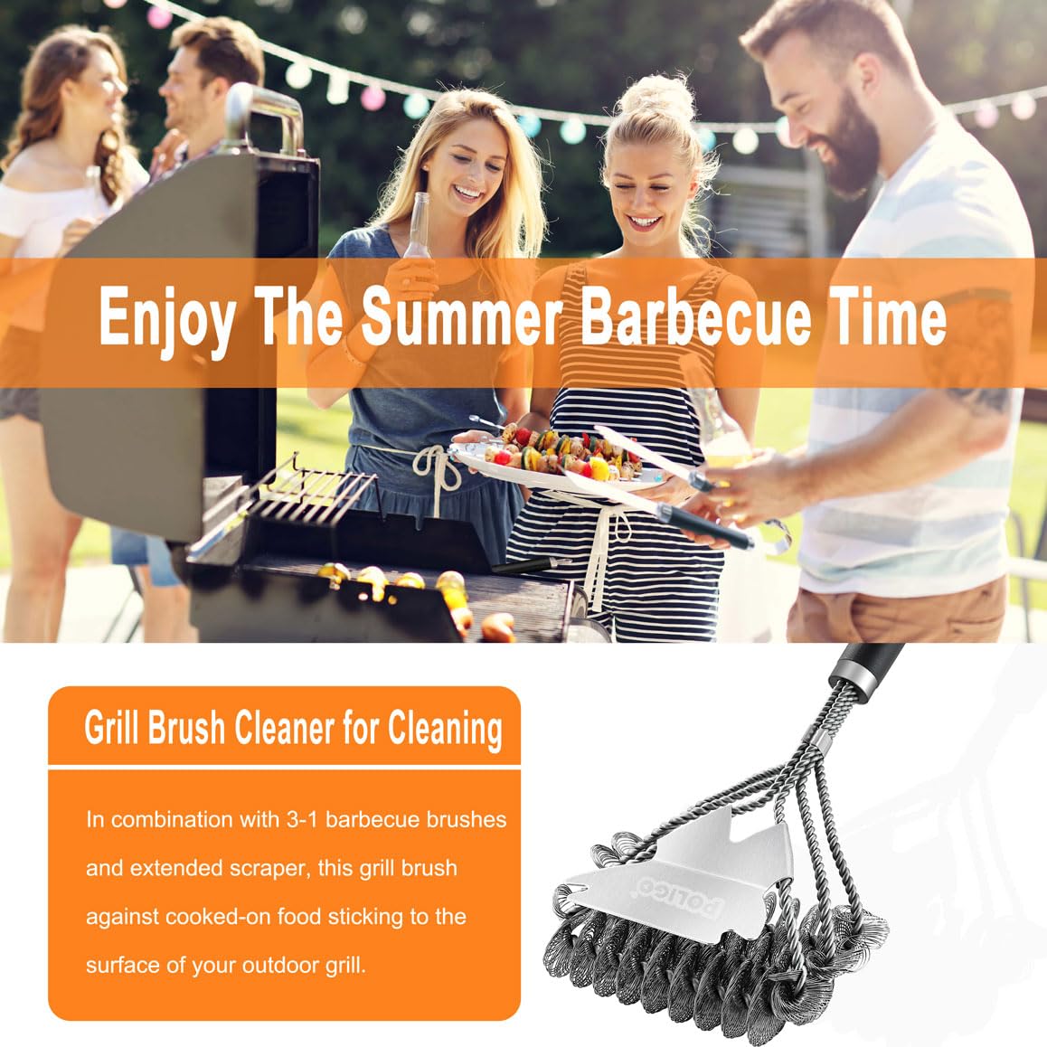 POLIGO BBQ Grill Cleaning Brush Bristle Free & Scraper - Triple Helix Design Barbecue Cleaner - Non-Bristle Grill Brush and Scraper Safe for Gas Charcoal Porcelain Grills - Ideal Grill Tools Gift POLIGO