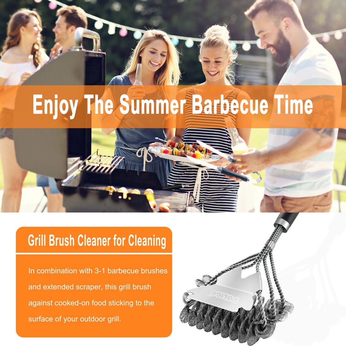 POLIGO BBQ Grill Cleaning Brush Bristle Free & Scraper - Triple Helix Design Barbecue Cleaner - Non-Bristle Grill Brush and Scraper Safe for Gas Charcoal Porcelain Grills - Ideal Grill Tools Gift