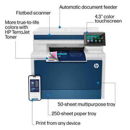 HP Color LaserJet Pro MFP 4301fdn Printer, Print, Scan, Copy, Fax, Fast, Easy setup, Mobile printing, Advanced security, Best-for-small teams. Ethernet & USB only. Not Wireless. 16.6 x 17.1 x 15.1 in.