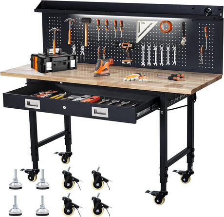 Heavy Duty Workbench 60" with Rubber Wood Top and Pegboard – Adjustable Rolling Worktable with Drawer Storage, Power Outlet & Lockable Wheels, 2000 lb Capacity Hardwood Workbench for Garage, Workshop Euker