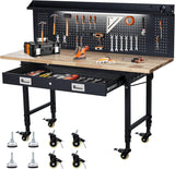 Workbench 60" x 22" Adjustable Height Worktable, Heavy Duty Rubber Wood Top, 2000 LBS Load Capacity, Tool Storage Workstation with Drawer, Pegboard, Power Outlets & Lockable Wheels Acekool