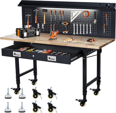Workbench Adjustable Heavy-Duty 60" L X 22" W Workbench with Power Outlet, Drawers, Pegboard, and Wheels – 2200 Lbs Capacity Rubber Wood Top, Rolling Work Benchesfor Garage, Workshop, Home, Office