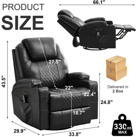 DUNELLA Power Swivel Rocker Recliner Chair for Adults with Heat and Massage, LED Lights, USB and Type-C Ports, Electric Glider Recliner Nursery Chair for Living Room(Black, Single Sofa) DUNELLA