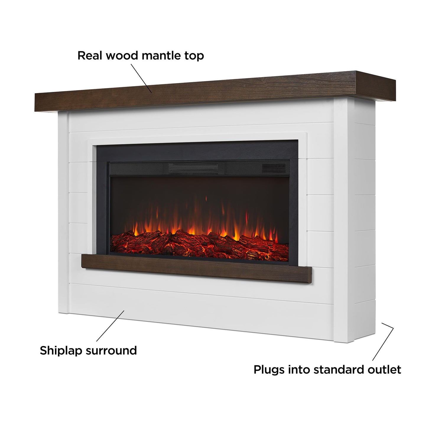 Real Flame Bernice 67" Landscape Electric Fireplace with Mantel for Living Room or Bedroom, Replaceable Fireplace Insert Heater, Realistic Log and Flame Effect, Remote Control, White