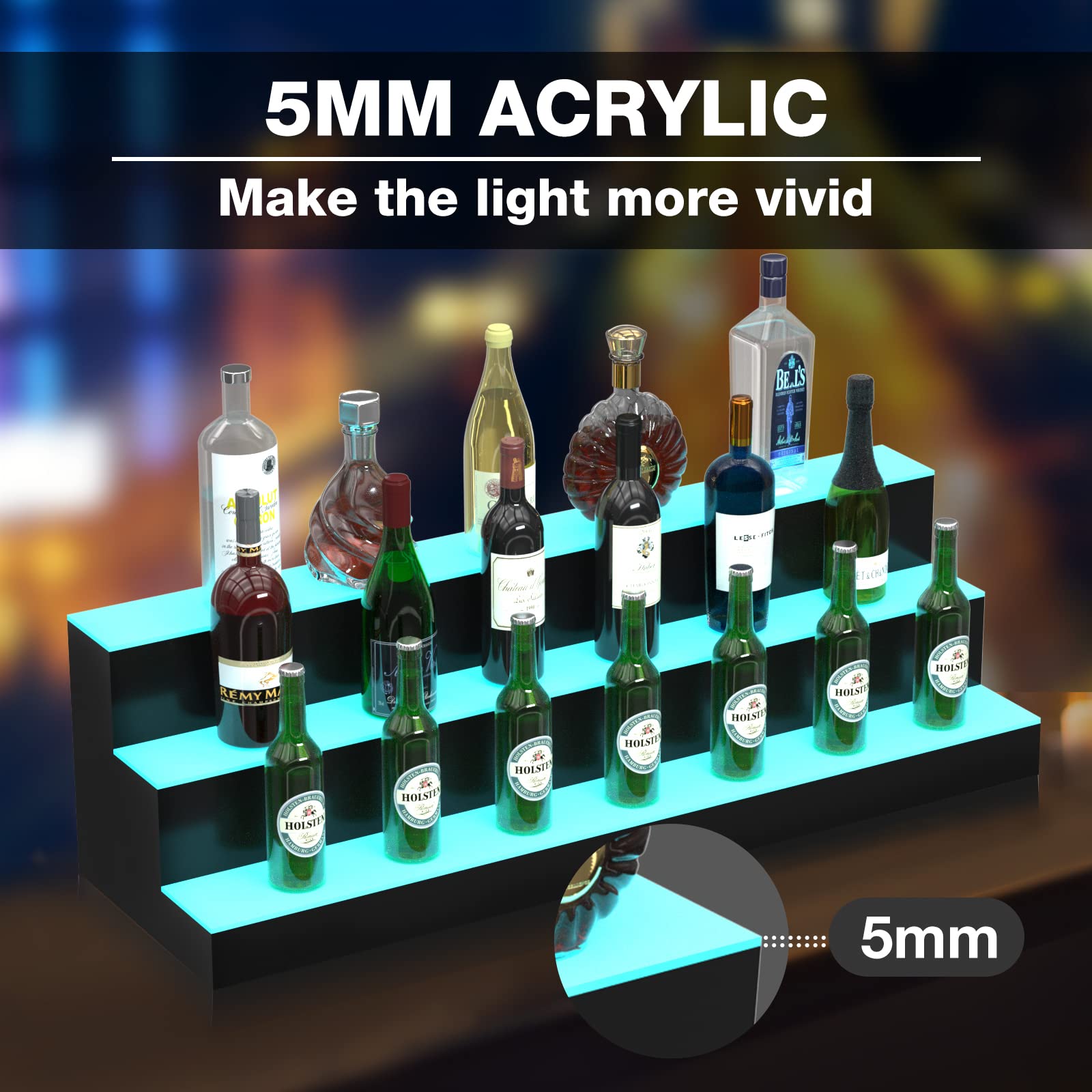 HIGOSPRO LED Liquor Bottle Display Shelf, 40 inch 3-Step Lighted Acrylic Lighted Bar Shelf for Home, Illuminated Home Bar Shelf, Acrylic Lighted Bottle Display Stand with Remote - WoodArtSupply