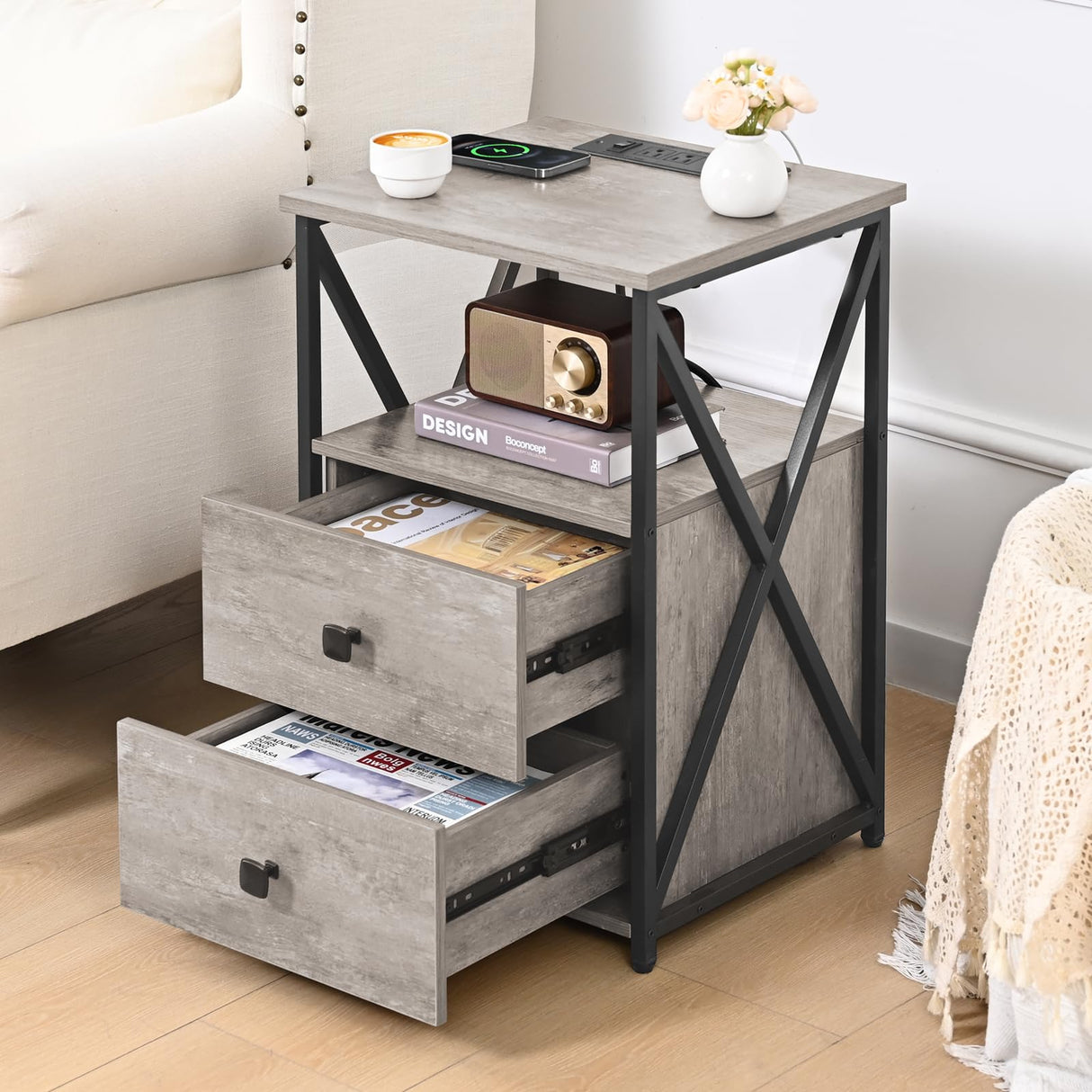 Livofloral LED Nightstand Set 2, Night Stand with Charging Station, Grey Side Table Set of 2 with Wood Drawers, End Tables with USB Ports and Outlets, Bedside Tables for Bedroom, End Table Living Room Livofloral