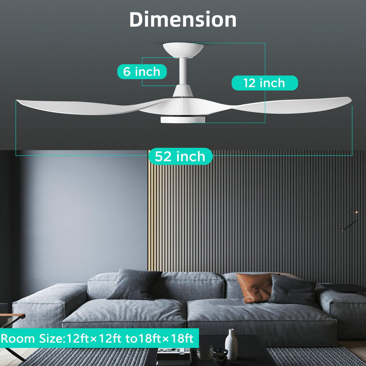 Roomratv Ceiling Fans with Lights,Large Airflow 52inch Modern Ceiling Fan with Quite Reversible DC Motor 3 Color Temperature LED Light (White) Roomratv