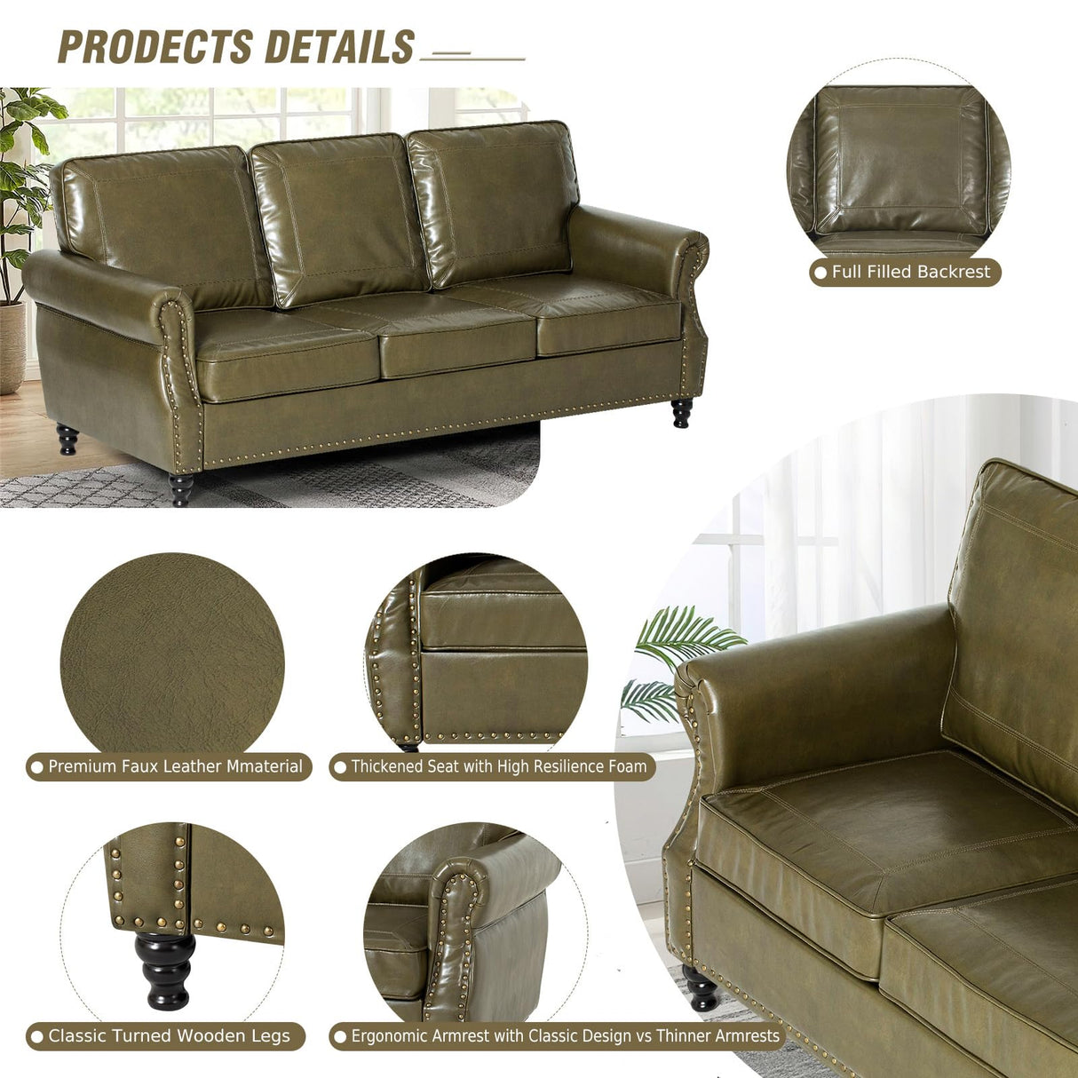 Nansiee 80” Traditional Faux Leather Sofa with Nailhead Trim, Classic 3-Seat Couch with Turned Wooden Legs, Mid-Century Sofa with Rolled Armrest for Living Room, Office, Olive Green Nansiee