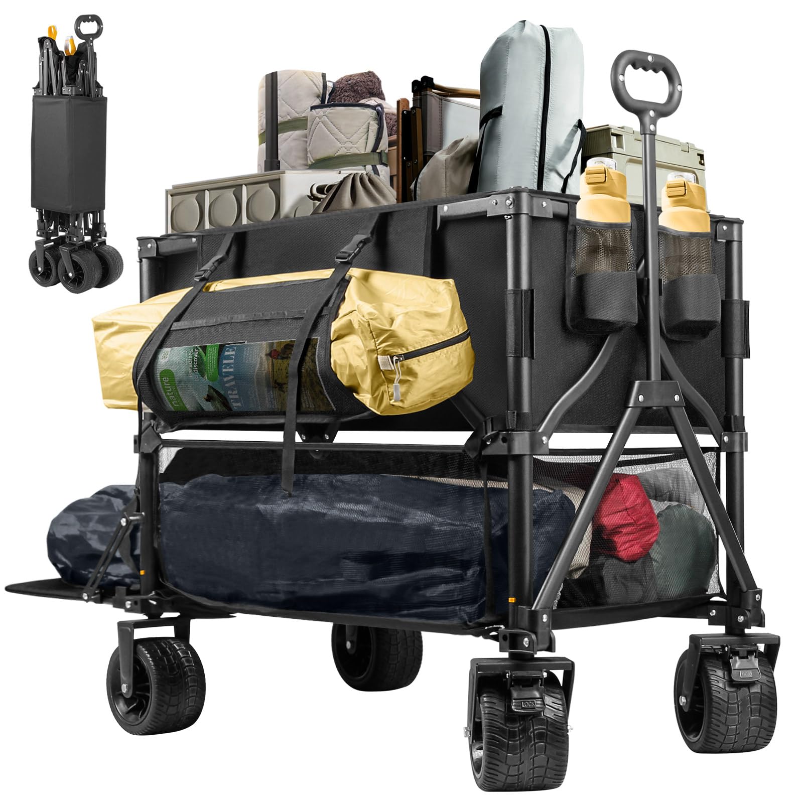 UNITON Double Decker Wagon 600lb Capacity & 400L Collapsible Sports Wagon with Big Wheels 54" Extended Utility Folding Wagon Cart for Camping Fishing & Outdoor Use - WoodArtSupply