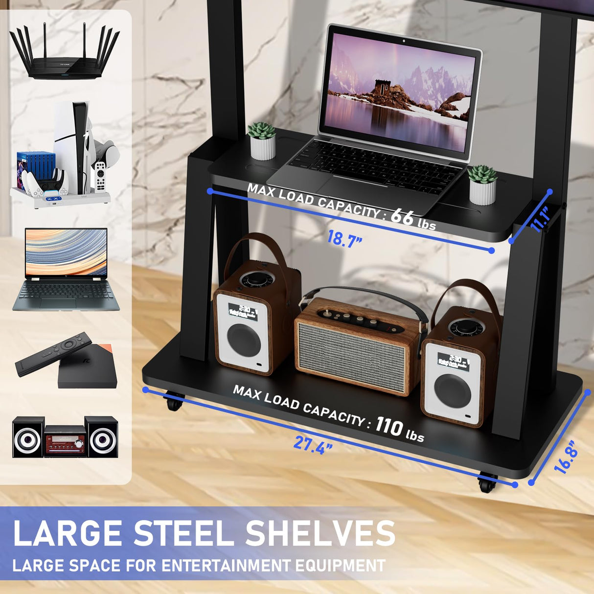 Duiliuu Rolling TV Stand, TV Stand with Wheels for 32-75 inch TV, Portable TV Stand with Shelf,Hight Adjustable,15° Adjustable Viewing Angle,Max 130LBS, Vesa max 600×400 Duiliuu