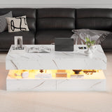 Buenhomino 47" Modern LED Coffee Table with 2 Drawers, High Glossy Double-Layer Center Table with Wireless Charging and Built-in Bluetooth Speaker Smart Table for Living Room with Marbling White Buenhomino