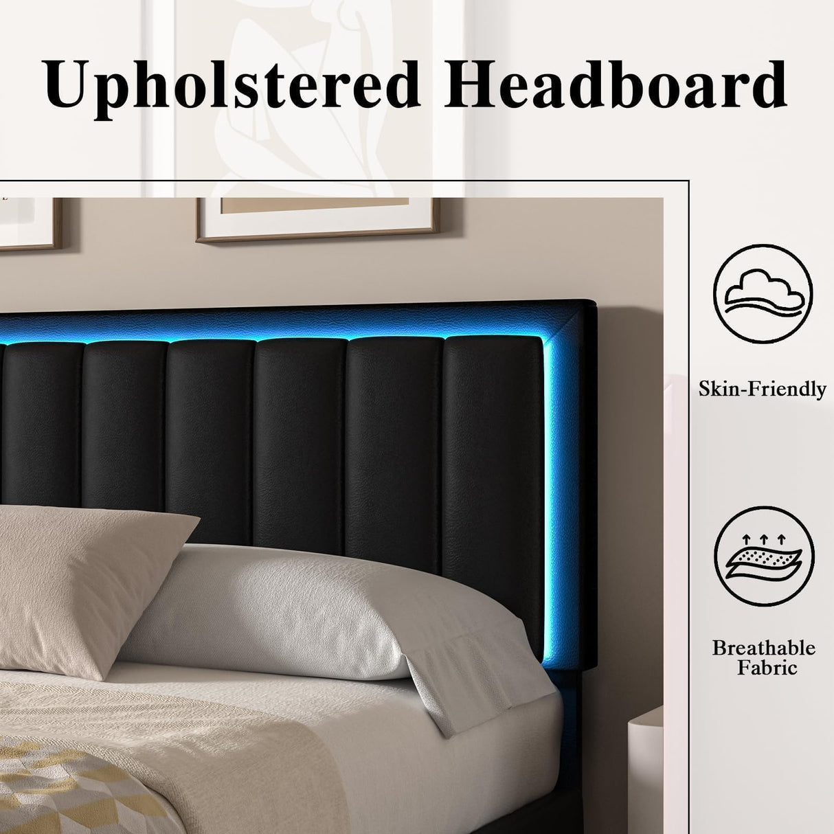 IMMERSTABLE Full Size Bed Frame with LED Lights, Full Bed Frame, Upholstered Bed Frame Full with Headboard, Heavy Duty Wood and Metal Slats Support, Noise-Free, No Box Spring Needed, Easy Assembly IMMERSTABLE