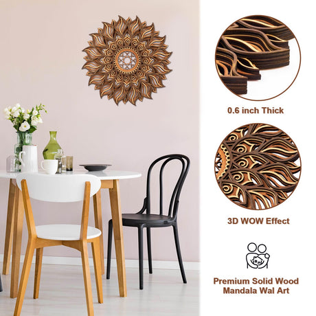 ADDMES 11.8 Inch Sun Wall Decor, Wooden Mandala Wall Art, Hollowed-out Sun Hanging Sign, Multi-layers Lotus Flower Wall Decor, Spiritual Room Decor for Bedroom, Living Room, Farmhouse Decor ADDMES