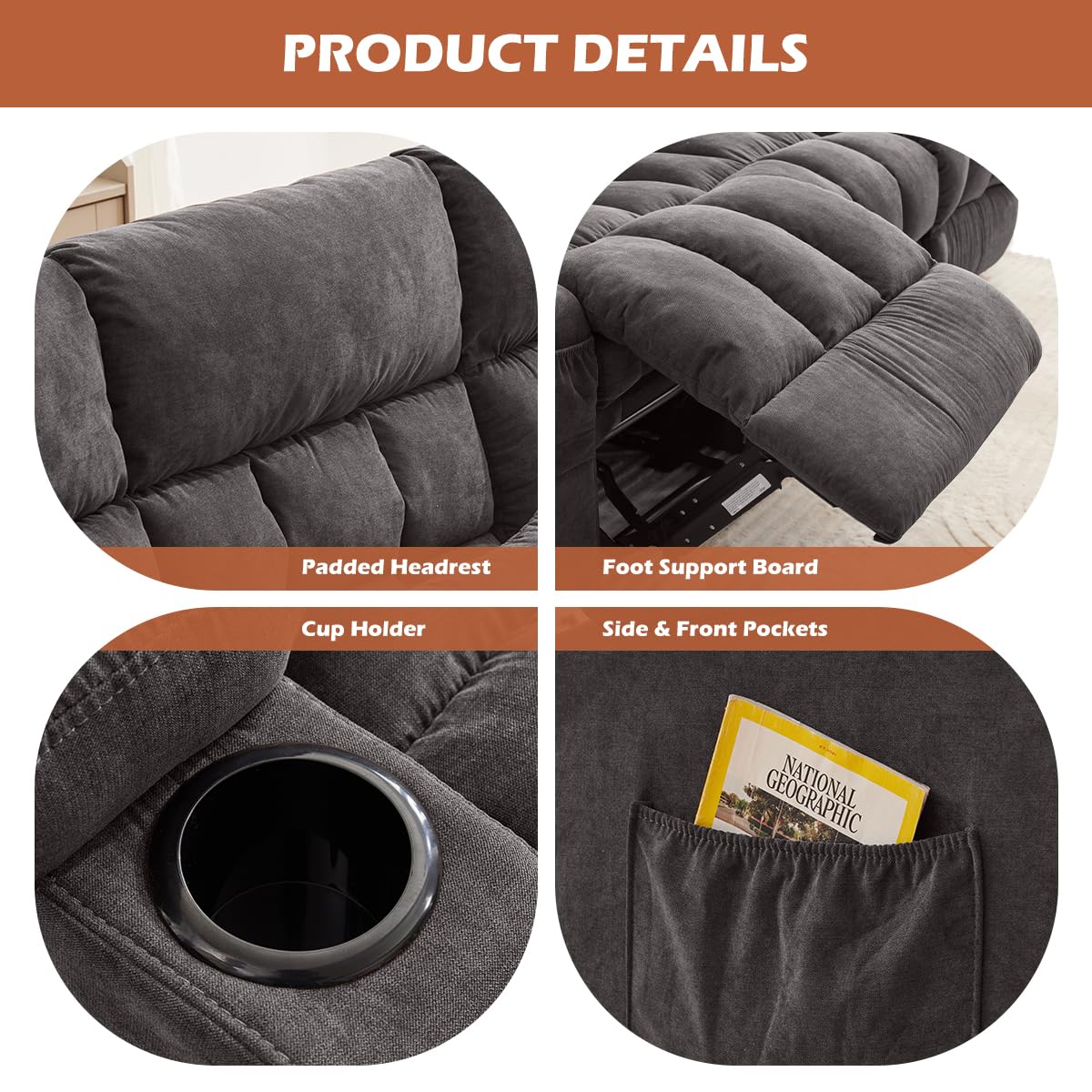 Recliner Sofa with Cup Holders for Living Room 3 Seat Manual Oversized Recliner Chiar with Ergonomic, Side Pocket for Adult MAHOMICO