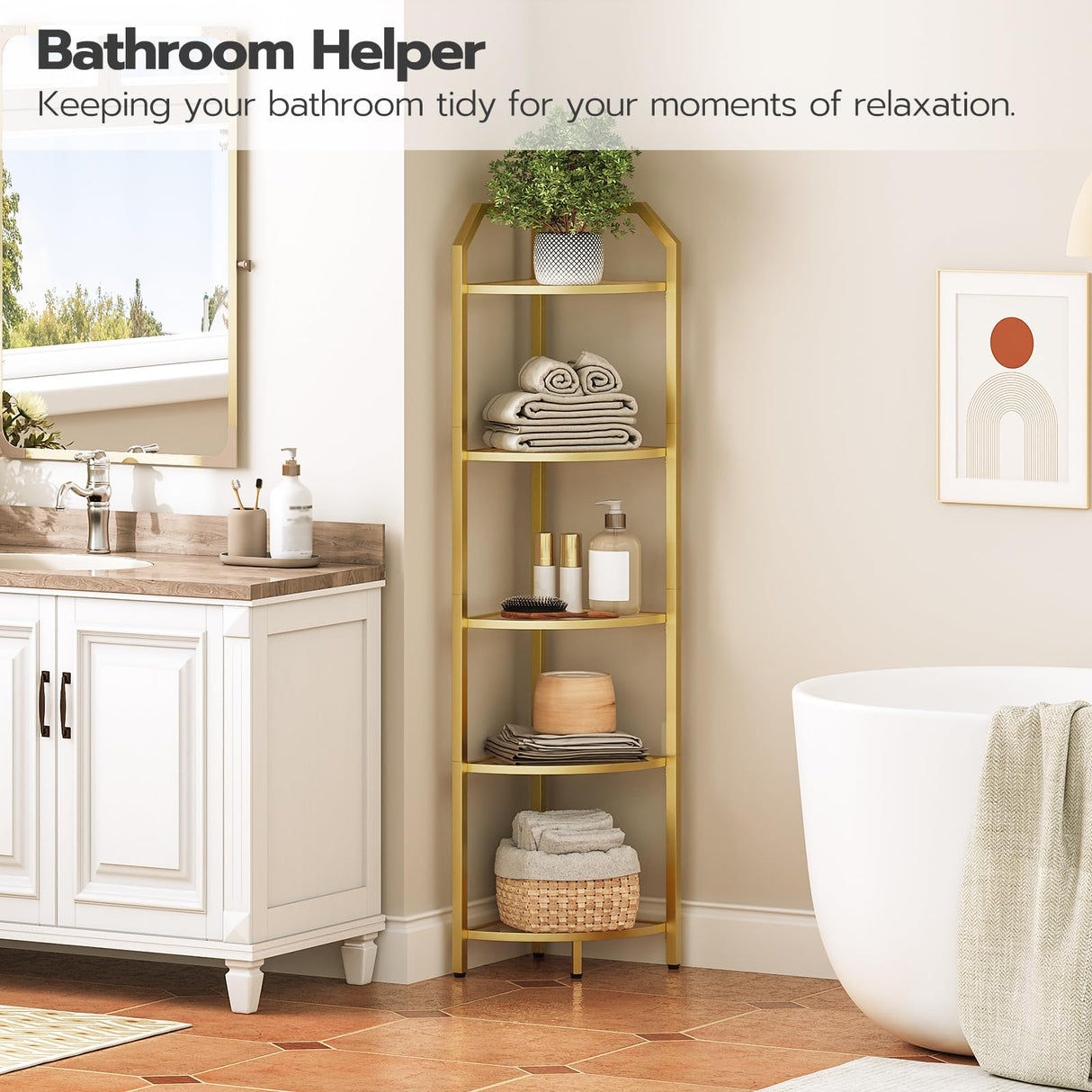 HOOBRO 5-Tier Corner Shelf Stand, Gold Corner Bookshelf, Tempered Glass Shelves, Bathroom Organizer, Corner Plant Stand, for Living Room, Study, Balcony, Home Office, Modern Style, Gold GD15CJ01 HOOBRO