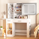 Vabches Vanity Desk with Mirror and Lights, Makeup Vanity with Charging Station, Vanity Table with Drawers, Shelves and Large Storage Cabinet for Home and Bedroom Vabches