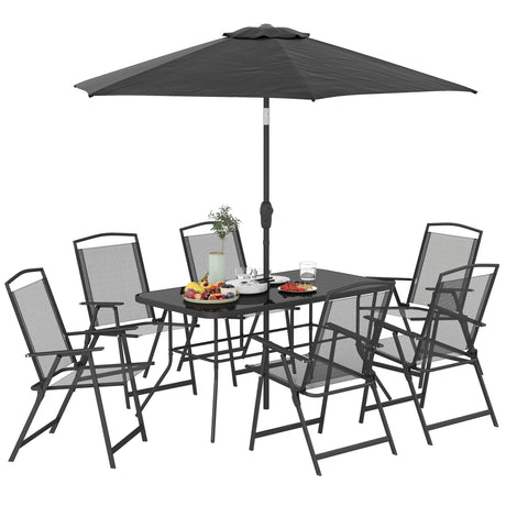 Outsunny 8 Piece Patio Dining Set with Table Umbrella, 6 Folding Chairs and Rectangle Dining Table, Outdoor Patio Furniture Set, Black Outsunny