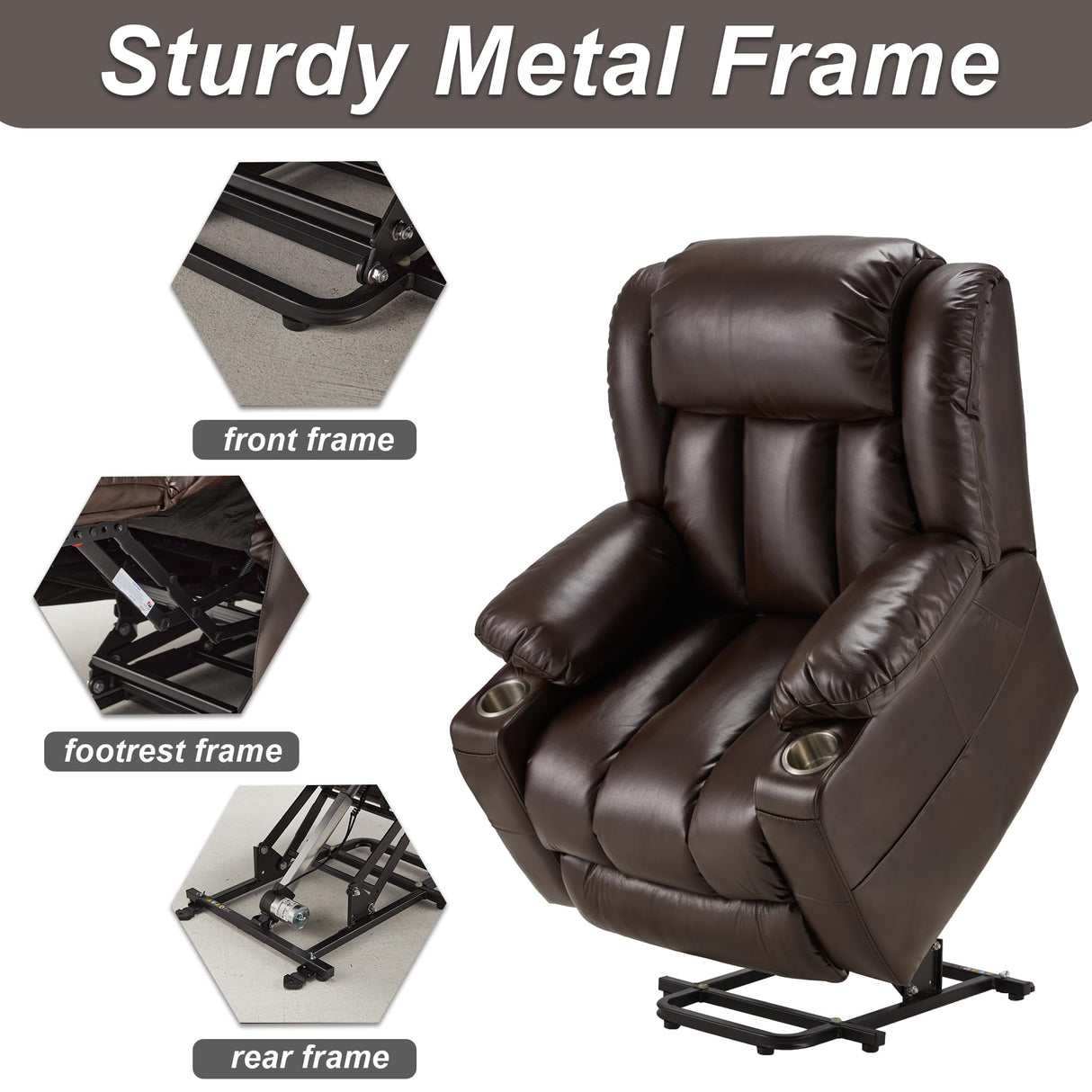 Outspurge Power Lift Recliner Leather Chair Sofa with Massage & Heat, Lazy Boy Chair with Cup Holders, USB & Type-C Ports, Remote Control (Brown) Outspurge