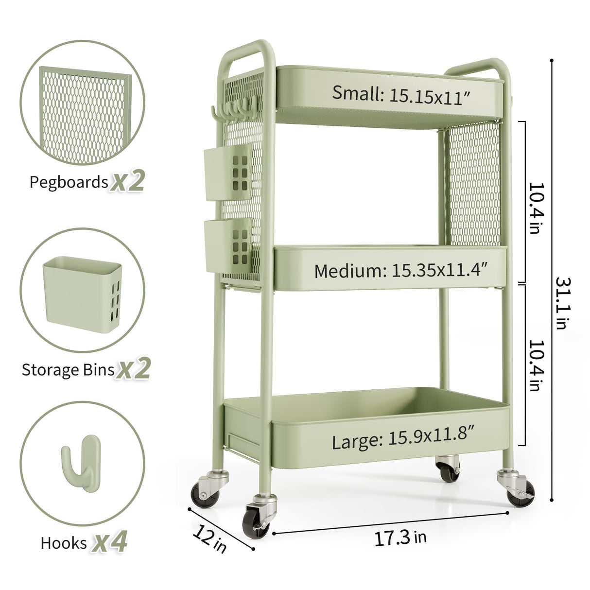TOOLF 3 Tier Rolling Cart Storage Organizer, Metal Rolling Utility Cart with Wheels, Hooks & Bins Esthetician Craft Art Sturdy Storage with Pegboard for Bathroom, Kitchen, Office, Nursery Diaper TOOLF
