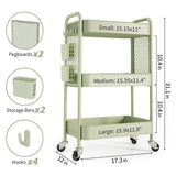 TOOLF 3 Tier Rolling Cart Storage Organizer, Metal Rolling Utility Cart with Wheels, Hooks & Bins Esthetician Craft Art Sturdy Storage with Pegboard for Bathroom, Kitchen, Office, Nursery Diaper TOOLF