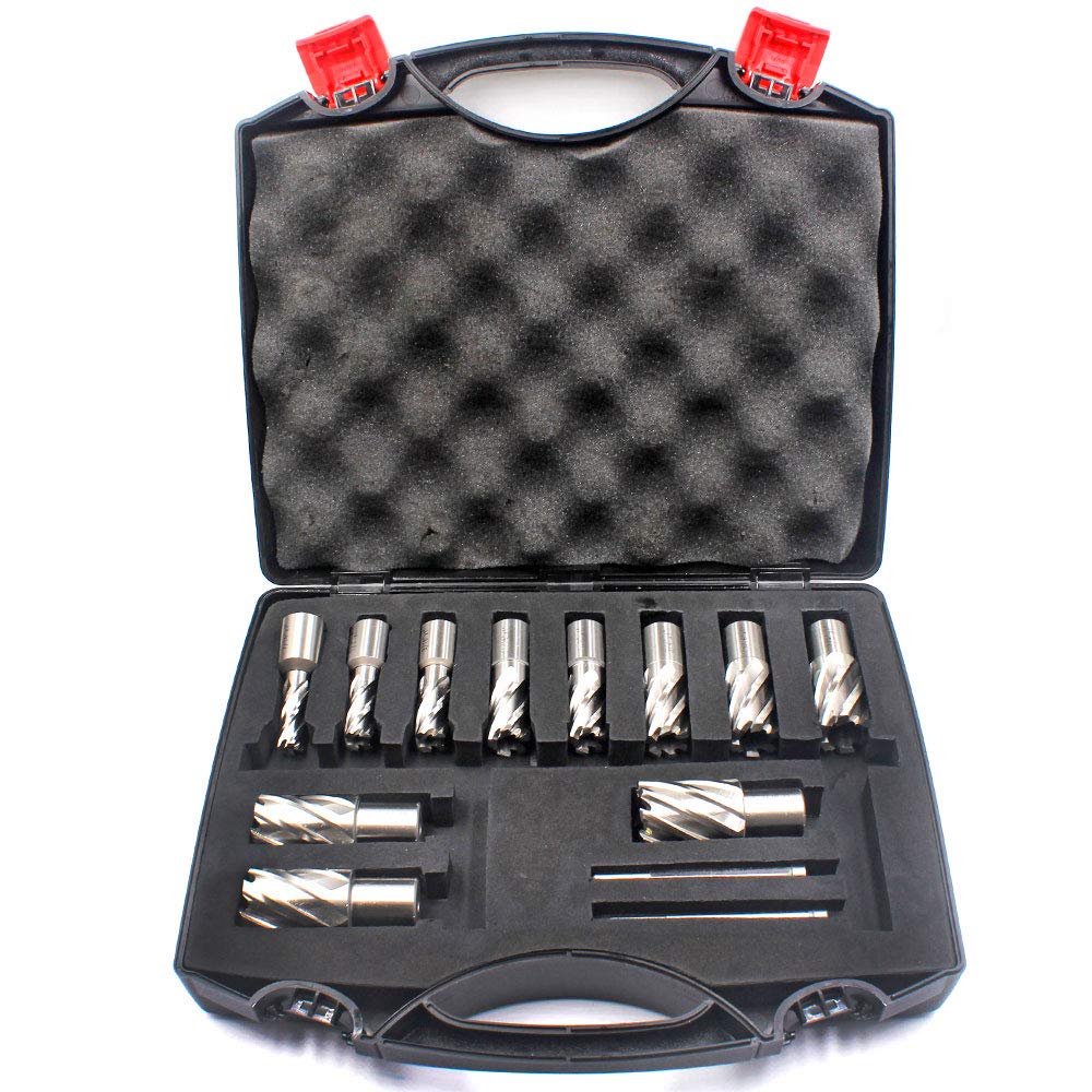 Annular Cutter Set 13 pcs JESTUOUS 3/4 Inch Weldon Shank 1 Cutting Depth and Cutting Diameter from 7/16 to 1-1/16 for Mag Drill Press HSS Standard Kit Two Flat with 2 Pilot Pins - WoodArtSupply