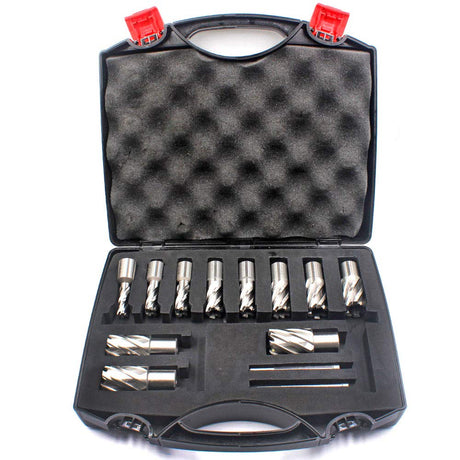 Annular Cutter Set 13 pcs JESTUOUS 3/4 Inch Weldon Shank 1 Cutting Depth and Cutting Diameter from 7/16 to 1-1/16 for Mag Drill Press HSS Standard Kit Two Flat with 2 Pilot Pins JESTUOUS